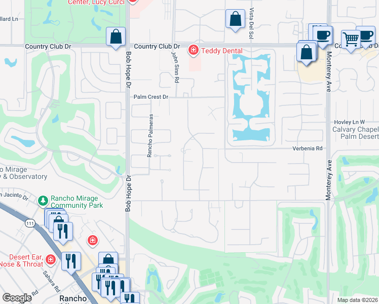 map of restaurants, bars, coffee shops, grocery stores, and more near 40530 Morningstar Road in Rancho Mirage