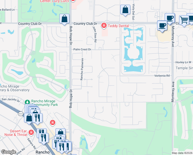 map of restaurants, bars, coffee shops, grocery stores, and more near 9 Via Peruguia in Rancho Mirage