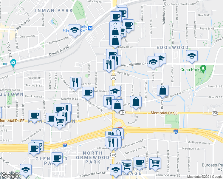 map of restaurants, bars, coffee shops, grocery stores, and more near 111 Moreland Avenue Southeast in Atlanta