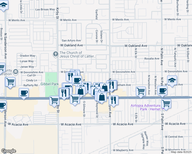 map of restaurants, bars, coffee shops, grocery stores, and more near 1895 West Devonshire Avenue in Hemet