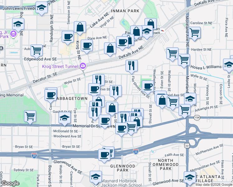 map of restaurants, bars, coffee shops, grocery stores, and more near 871 Kirkwood Avenue Southeast in Atlanta