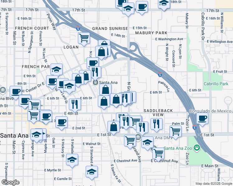 map of restaurants, bars, coffee shops, grocery stores, and more near 1105 East 6th Street in Santa Ana