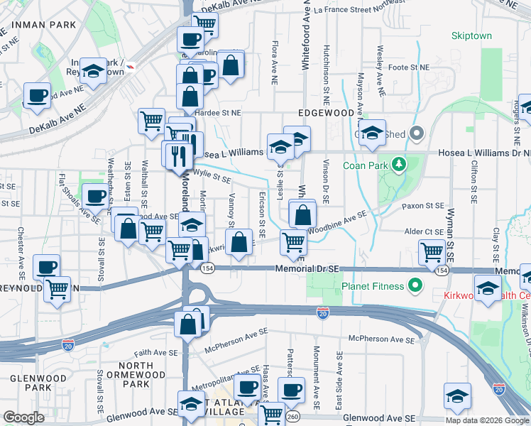 map of restaurants, bars, coffee shops, grocery stores, and more near 112 Ericson Street Southeast in Atlanta