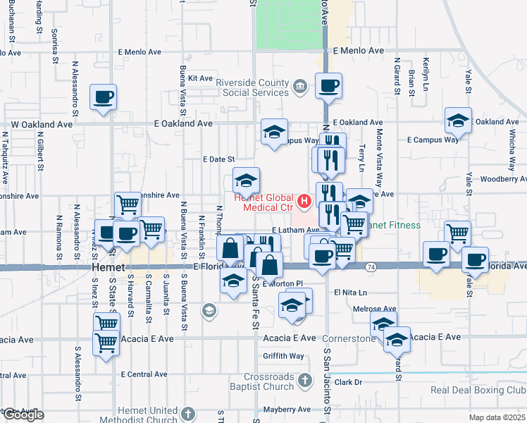 map of restaurants, bars, coffee shops, grocery stores, and more near 920 Calhoun Place in Hemet