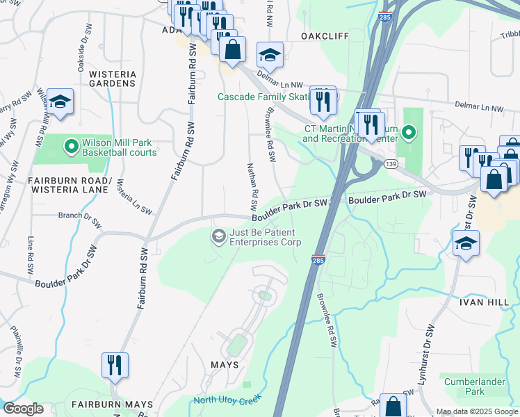 map of restaurants, bars, coffee shops, grocery stores, and more near 3475 Boulder Park Drive Southwest in Atlanta