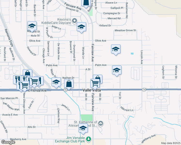 map of restaurants, bars, coffee shops, grocery stores, and more near 25569 Fairview Avenue in Hemet