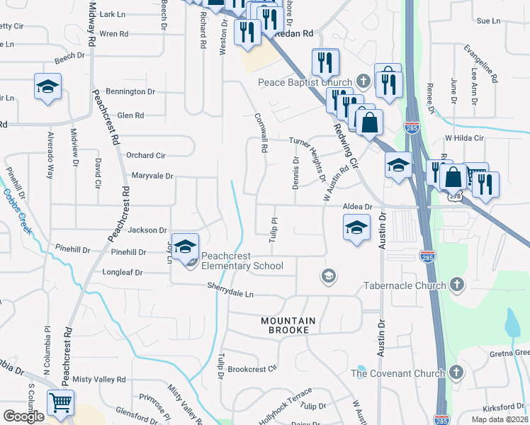map of restaurants, bars, coffee shops, grocery stores, and more near 1462 Janmar Drive in Decatur