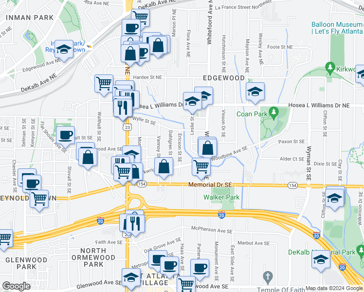 map of restaurants, bars, coffee shops, grocery stores, and more near 112 Ericson Street Southeast in Atlanta