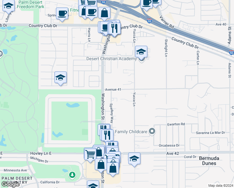 map of restaurants, bars, coffee shops, grocery stores, and more near 78143 Avenue 41 in Bermuda Dunes