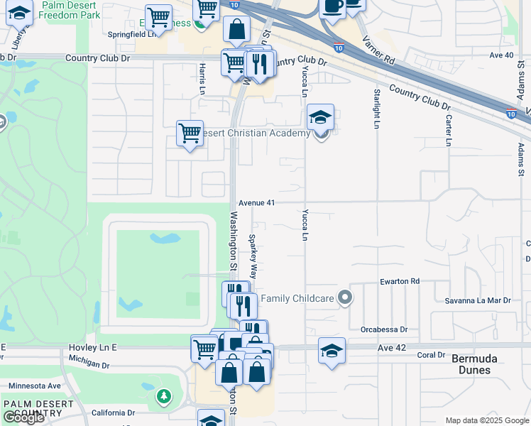map of restaurants, bars, coffee shops, grocery stores, and more near 78143 Avenue 41 in Bermuda Dunes