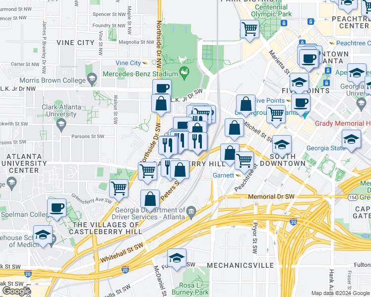 map of restaurants, bars, coffee shops, grocery stores, and more near 150 Walker Street Southwest in Atlanta