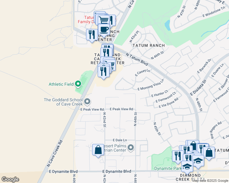 map of restaurants, bars, coffee shops, grocery stores, and more near 4301 East Morning Vista Lane in Cave Creek
