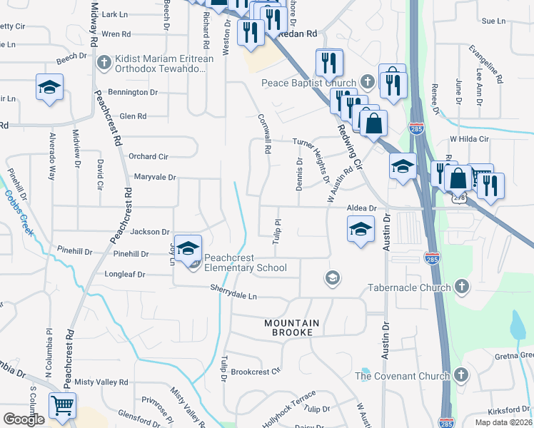 map of restaurants, bars, coffee shops, grocery stores, and more near 1462 Janmar Drive in Decatur