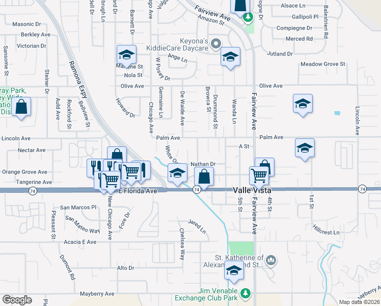 map of restaurants, bars, coffee shops, grocery stores, and more near 25570 Orangewood Lane in Hemet