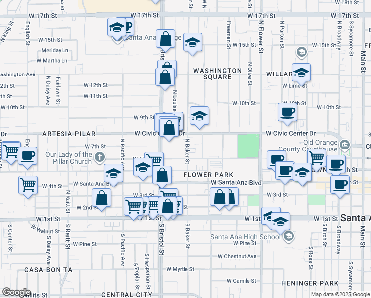 map of restaurants, bars, coffee shops, grocery stores, and more near 639 North Bristol Street in Santa Ana