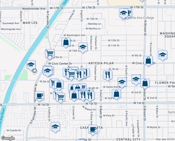 map of restaurants, bars, coffee shops, grocery stores, and more near 619 North Townsend Street in Santa Ana