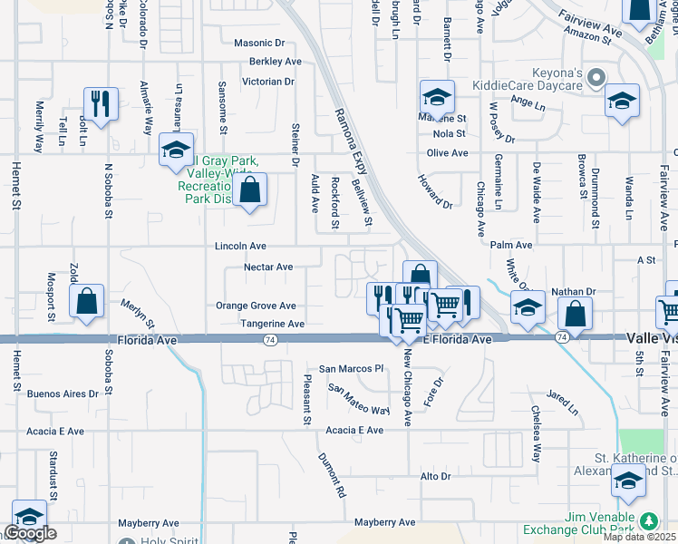 map of restaurants, bars, coffee shops, grocery stores, and more near 43125 Andrade Avenue in Hemet