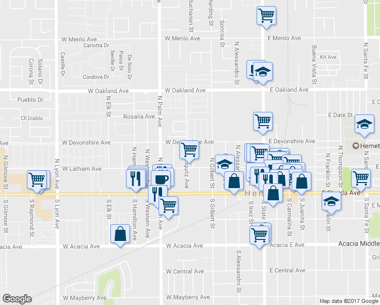 map of restaurants, bars, coffee shops, grocery stores, and more near 630 West Latham Avenue in Hemet