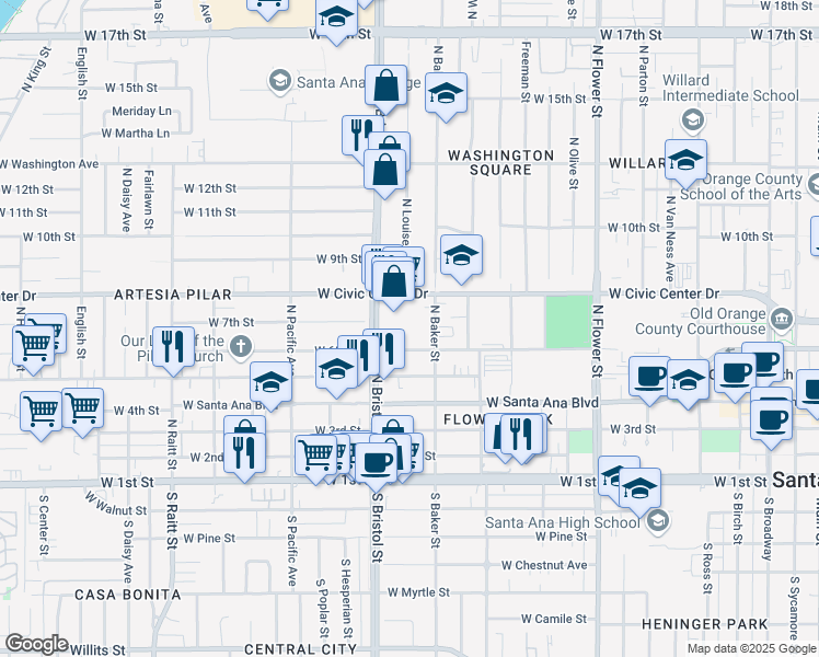 map of restaurants, bars, coffee shops, grocery stores, and more near 1217 West 6th Street in Santa Ana