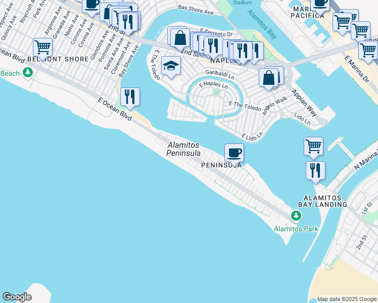 map of restaurants, bars, coffee shops, grocery stores, and more near in Long Beach