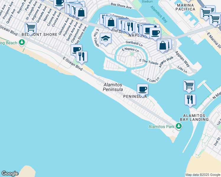 map of restaurants, bars, coffee shops, grocery stores, and more near in Long Beach