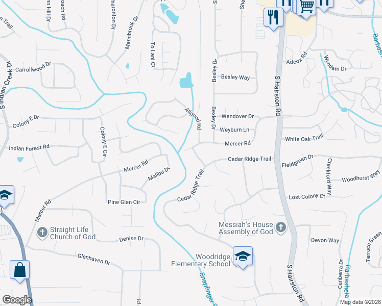 map of restaurants, bars, coffee shops, grocery stores, and more near 1413 Elm Ridge Drive in Stone Mountain