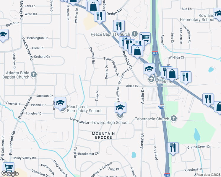 map of restaurants, bars, coffee shops, grocery stores, and more near 3693 Aldea Drive in Decatur