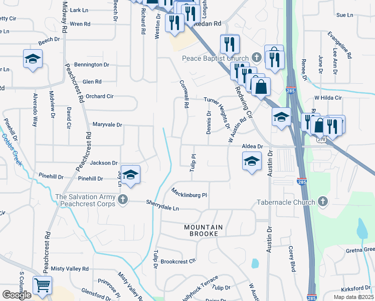 map of restaurants, bars, coffee shops, grocery stores, and more near 3645 Aldea Drive in Decatur