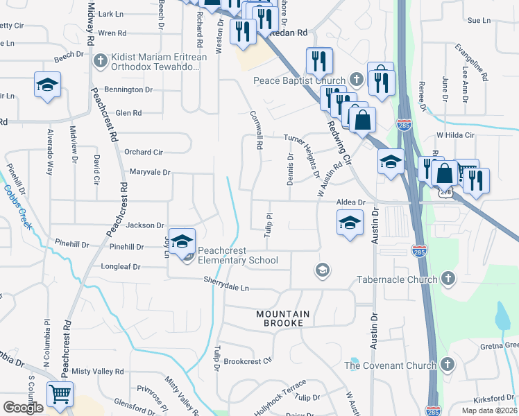 map of restaurants, bars, coffee shops, grocery stores, and more near 1462 Janmar Drive in Decatur