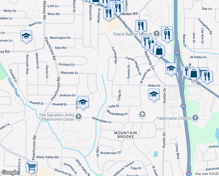 map of restaurants, bars, coffee shops, grocery stores, and more near 1462 Janmar Drive in Decatur