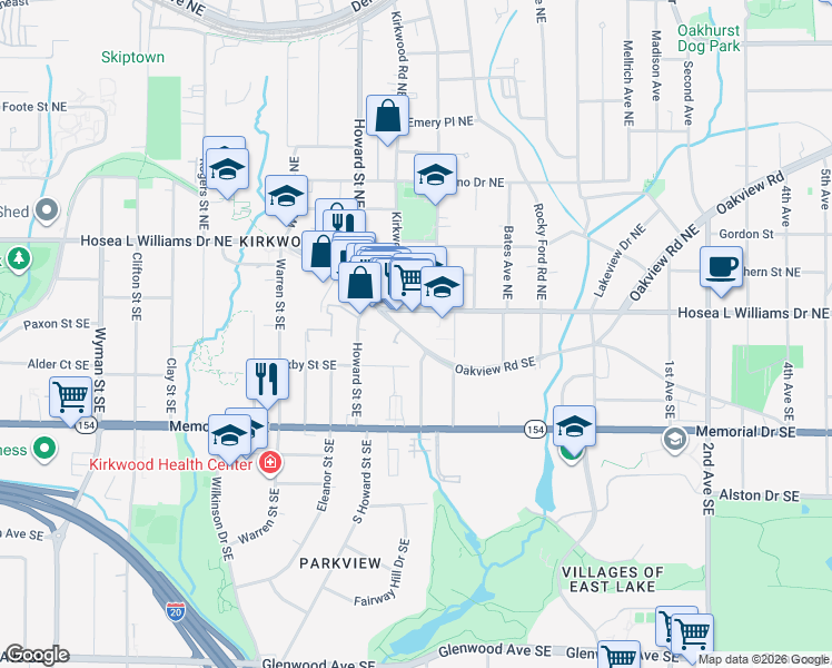 map of restaurants, bars, coffee shops, grocery stores, and more near 2035 Oakview Road Southeast in Atlanta