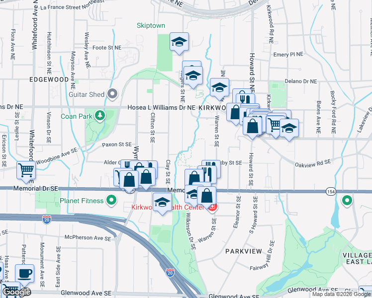 map of restaurants, bars, coffee shops, grocery stores, and more near 106 Rogers Street Southeast in Atlanta