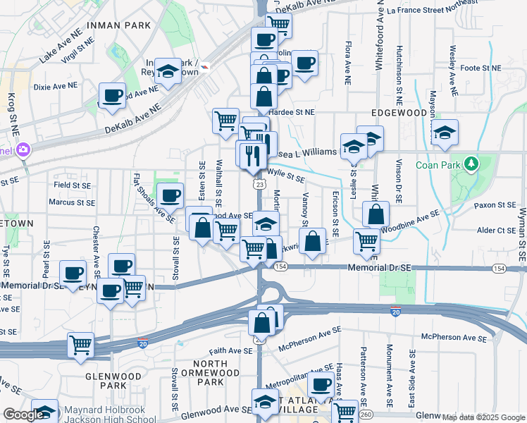 map of restaurants, bars, coffee shops, grocery stores, and more near in Atlanta