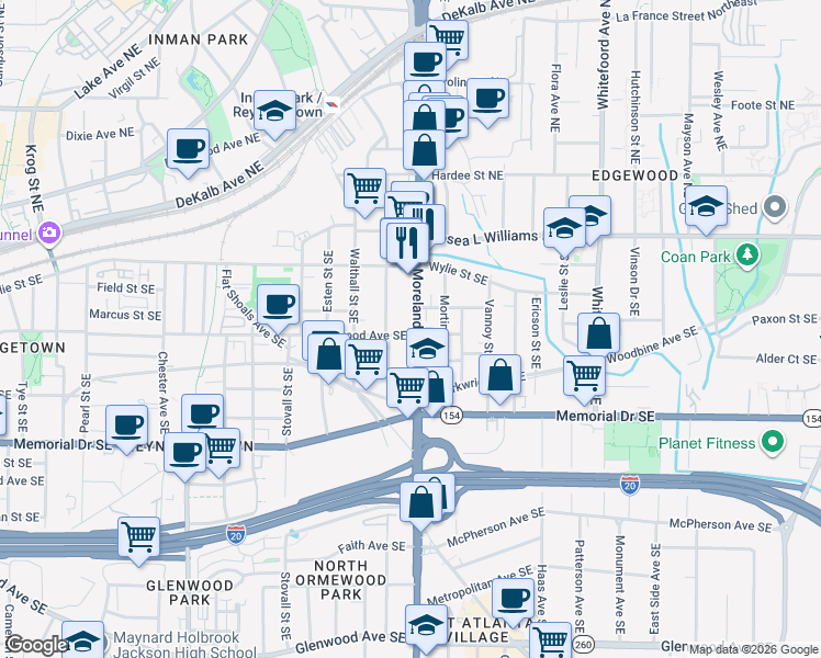 map of restaurants, bars, coffee shops, grocery stores, and more near 111 Moreland Avenue Southeast in Atlanta
