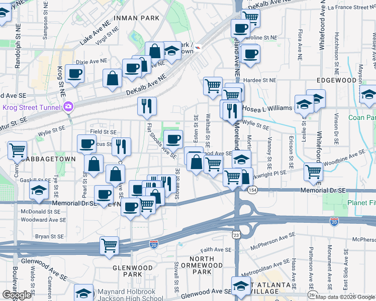 map of restaurants, bars, coffee shops, grocery stores, and more near 138 Stovall Street Southeast in Atlanta