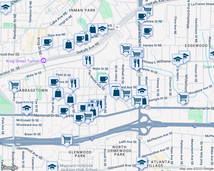 map of restaurants, bars, coffee shops, grocery stores, and more near 138 Stovall Street Southeast in Atlanta