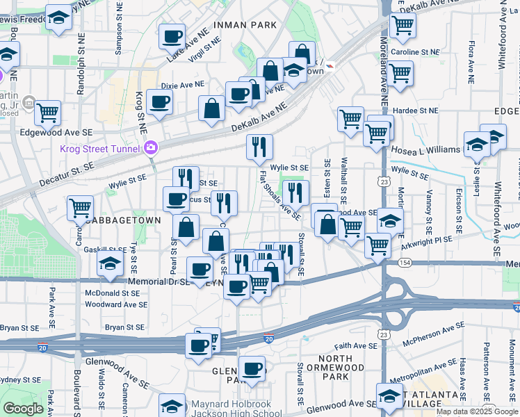 map of restaurants, bars, coffee shops, grocery stores, and more near 923 Kirkwood Avenue Southeast in Atlanta