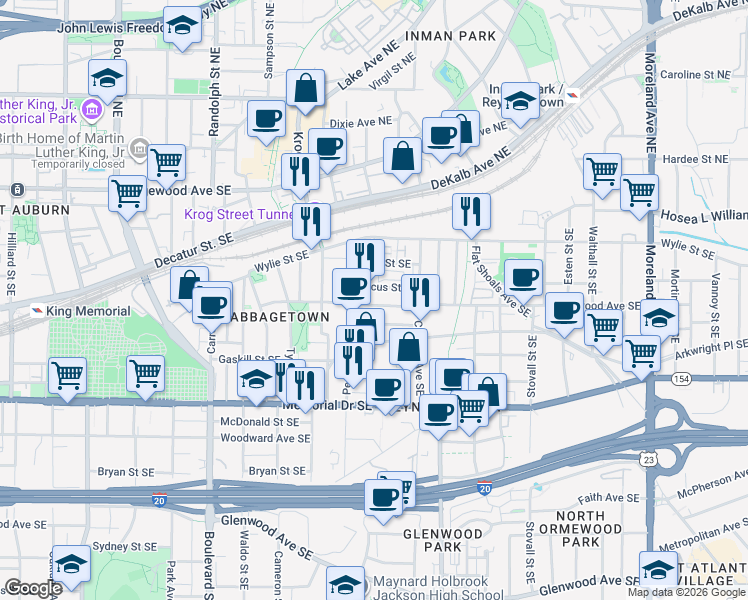 map of restaurants, bars, coffee shops, grocery stores, and more near 791 Kirkwood Avenue Southeast in Atlanta