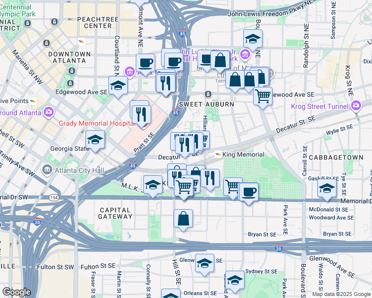 map of restaurants, bars, coffee shops, grocery stores, and more near 349 Decatur Street Southeast in Atlanta