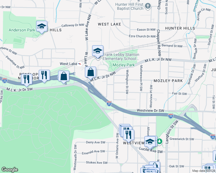 map of restaurants, bars, coffee shops, grocery stores, and more near 190 Racine Street Southwest in Atlanta