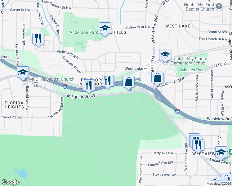 map of restaurants, bars, coffee shops, grocery stores, and more near 1900 Martin Luther King Junior Drive Southwest in Atlanta