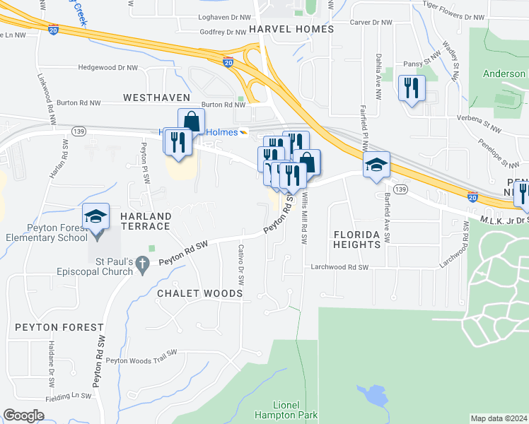 map of restaurants, bars, coffee shops, grocery stores, and more near 118 Dogwood Drive Southwest in Atlanta