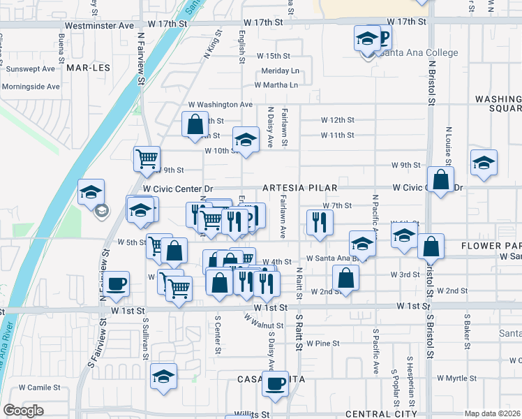 map of restaurants, bars, coffee shops, grocery stores, and more near 619 North Townsend Street in Santa Ana