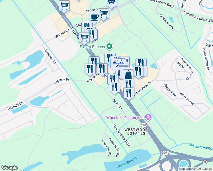 map of restaurants, bars, coffee shops, grocery stores, and more near 67 Rodeo Drive in Myrtle Beach