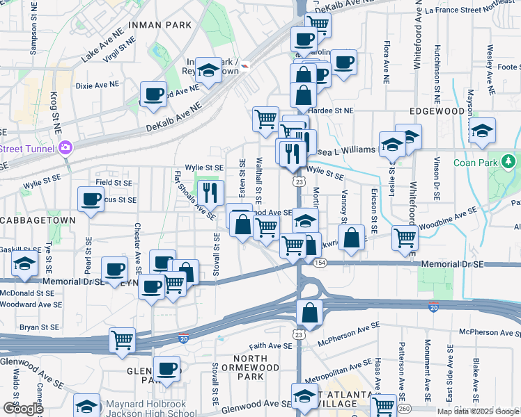 map of restaurants, bars, coffee shops, grocery stores, and more near 1084 Kirkwood Avenue Southeast in Atlanta