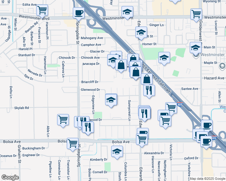 map of restaurants, bars, coffee shops, grocery stores, and more near 14621 Belmar Circle in Huntington Beach