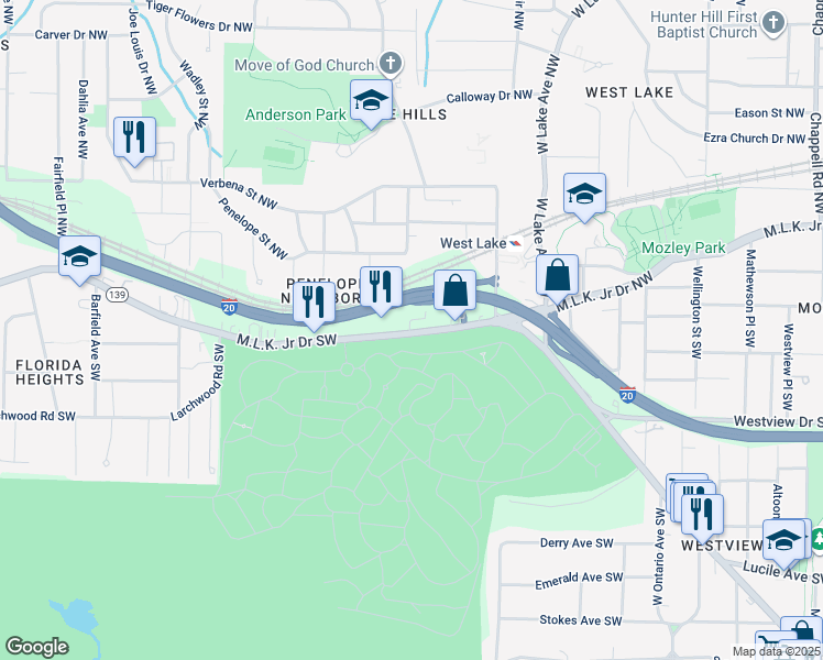 map of restaurants, bars, coffee shops, grocery stores, and more near 1991 Martin Luther King Junior Drive Southwest in Atlanta