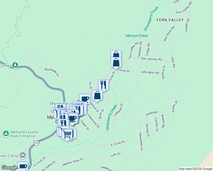 map of restaurants, bars, coffee shops, grocery stores, and more near North Circle Drive in Idyllwild-Pine Cove