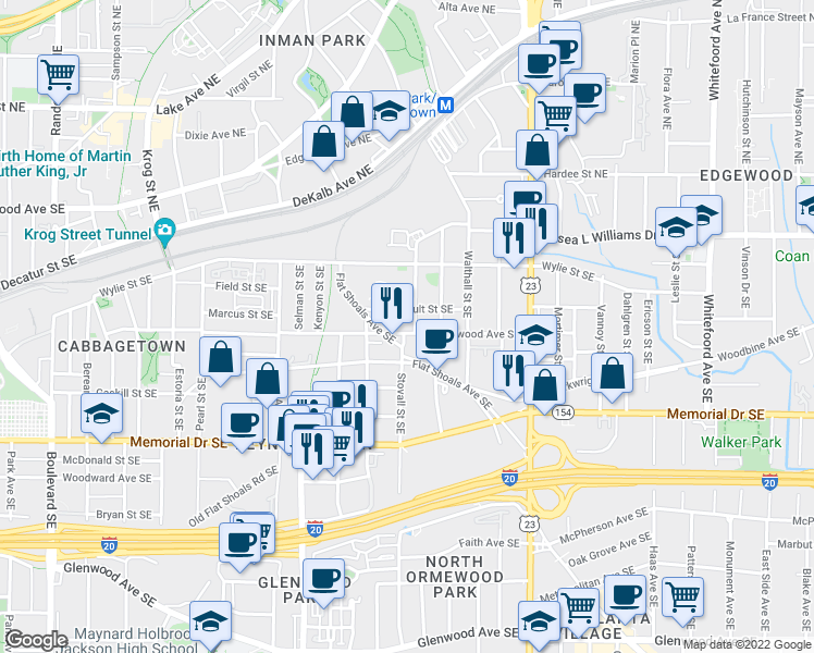 map of restaurants, bars, coffee shops, grocery stores, and more near 138 Stovall Street Southeast in Atlanta