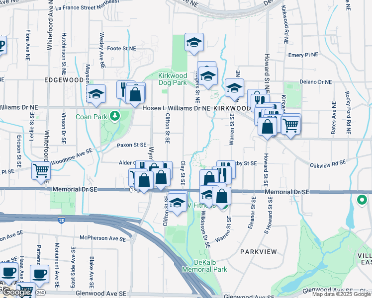 map of restaurants, bars, coffee shops, grocery stores, and more near 9 Clay Street Southeast in Atlanta